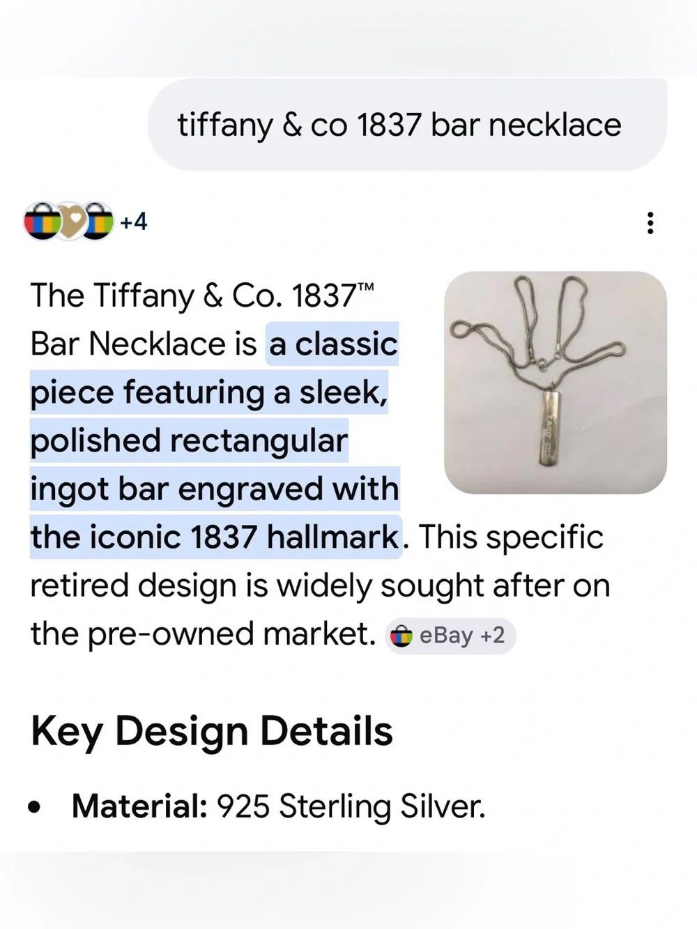 🩵Tiffany & Co. ©️2001 1837 Bar Pendant Necklace w/ 18” Chain